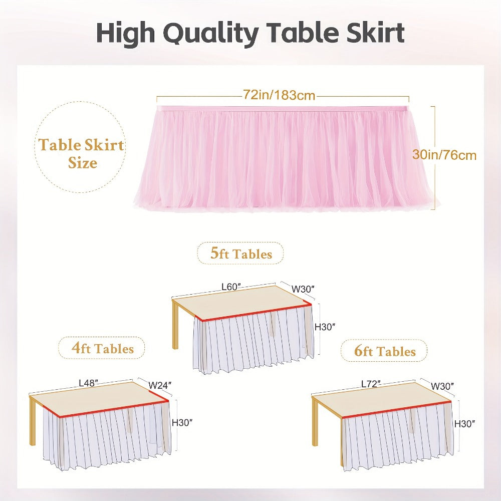 Six-Foot Gathered Tulle Table Skirt with Ten Solid or Multicolor Options for Parties and Events