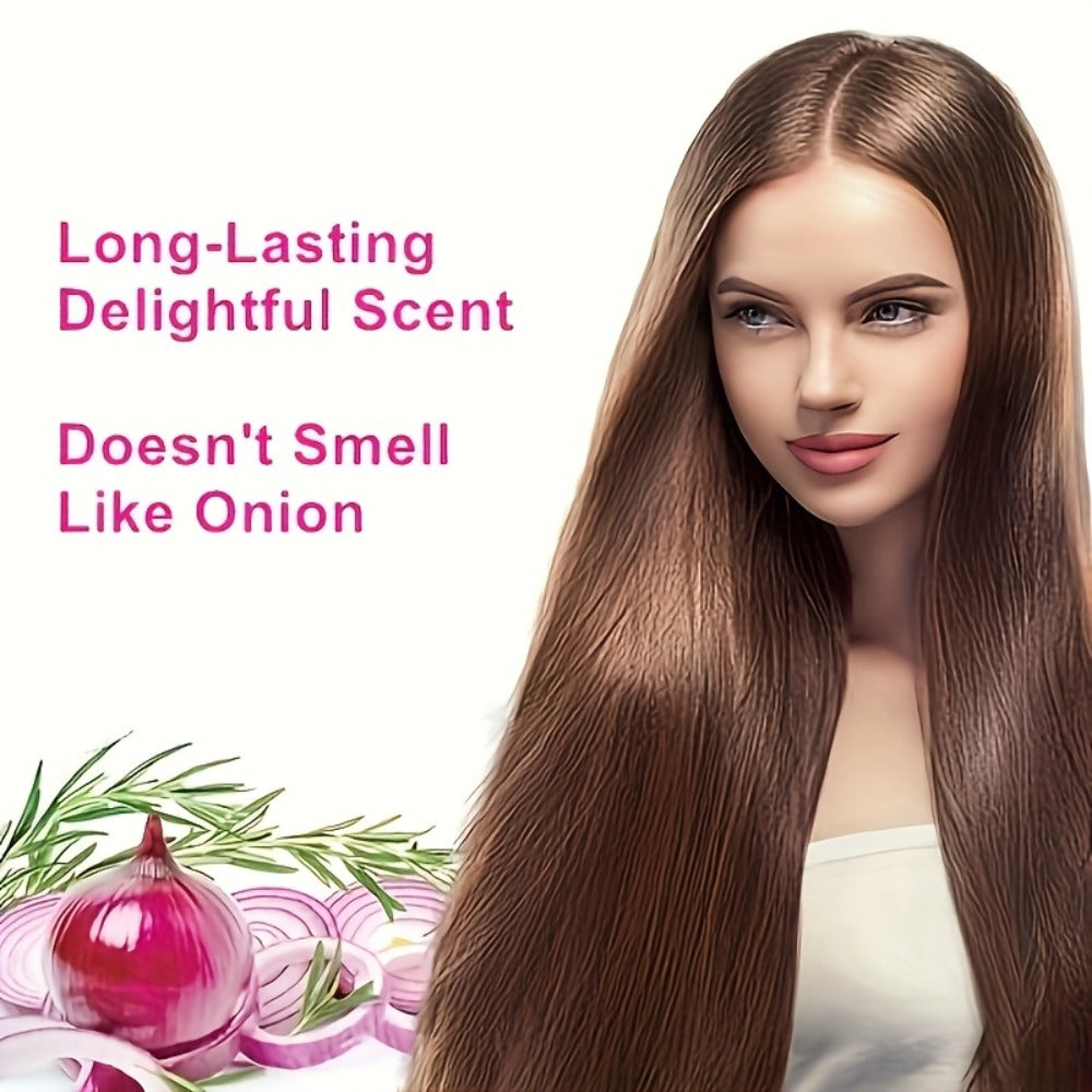 Onion, Biotin and Rosemary-Labeled Shampoo and Conditioner Set in Purple Pump Bottles with Jojoba Oil Wording