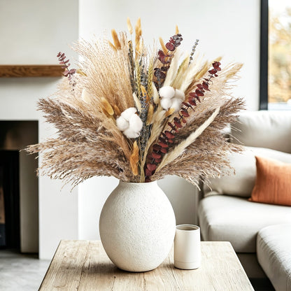 Boho Pampas Grass Dried Flower Arrangement, Lavender Eucalyptus Bouquet with Gemstone Accents for Home Decor