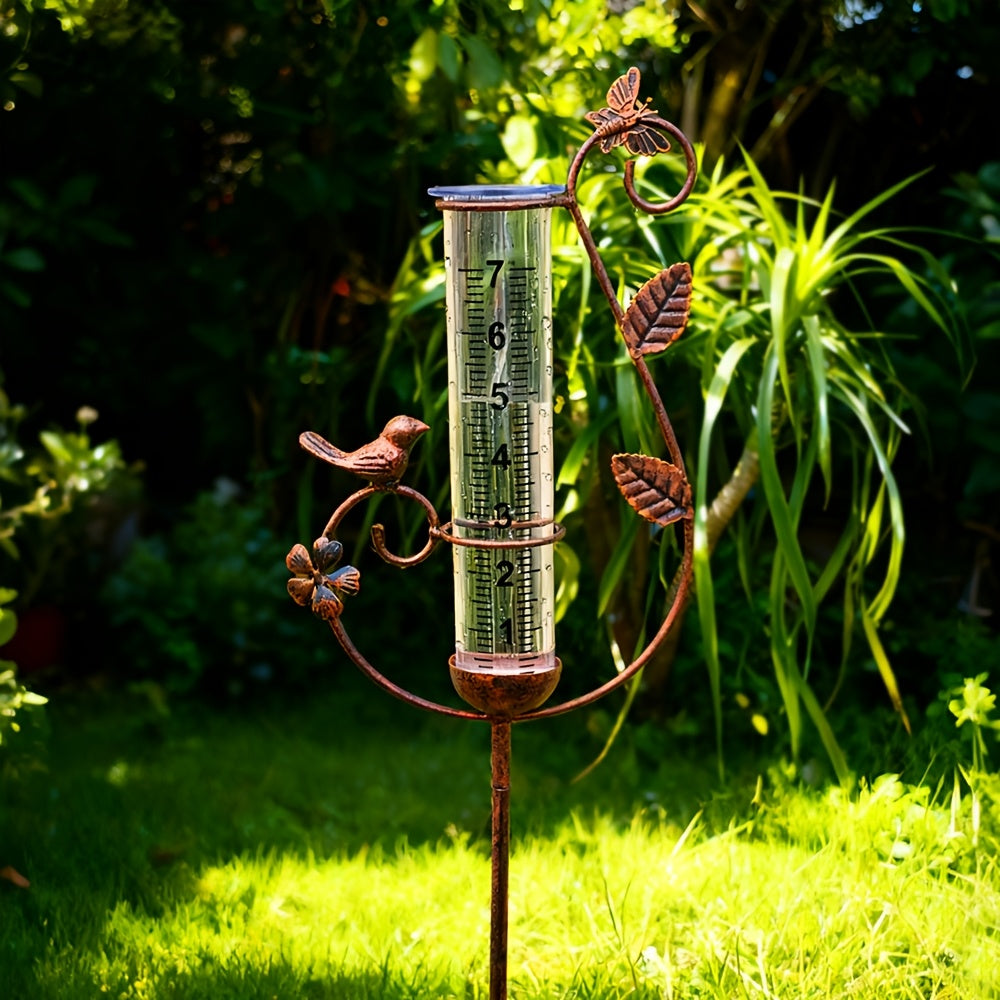 Decorative Rain Gauge Outdoor – 8-Inch Large Capacity Bird Ornament & Metal Spiral Rainfall Collector for Garden, Lawn & Patio
