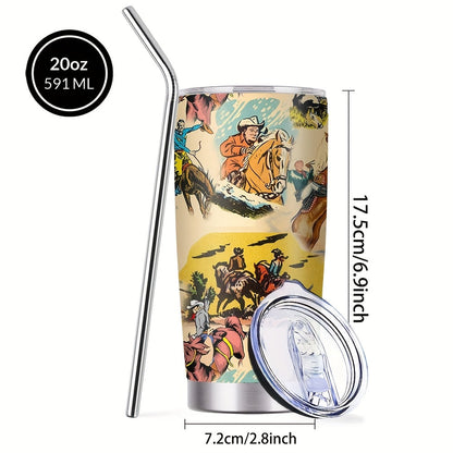 Insulated Tumbler 20oz Cowboy Western Graphic in Yellow Stainless Steel with Lid and Straw