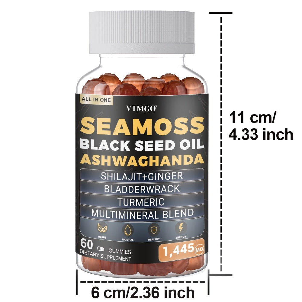 Sea Moss Gummies 1445mg with Shilajit Black Seed Oil Ashwagandha Elderberry Chlorophyll Turmeric Bladderwrack Ginger