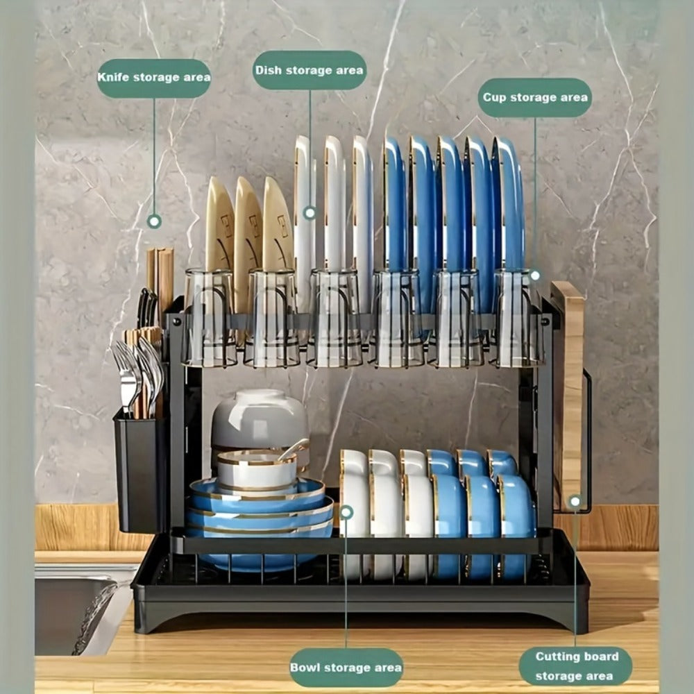 Dish Drying Rack 2 Tier with Drainboard for Kitchen Counter Metal Dish Drainer with Utensil for Home Cooking, Dining and Outdoor Meals