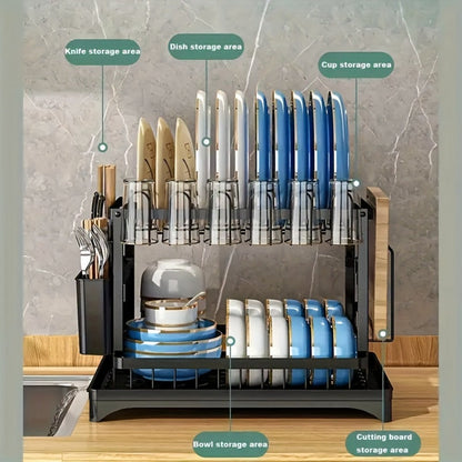 Dish Drying Rack 2 Tier with Drainboard for Kitchen Counter Metal Dish Drainer with Utensil for Home Cooking, Dining and Outdoor Meals
