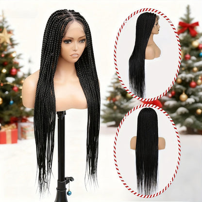 Extra-Long Natural Black Braided Wig with Full Lace Cap and 40-Inch Straight Box Braids for Styling