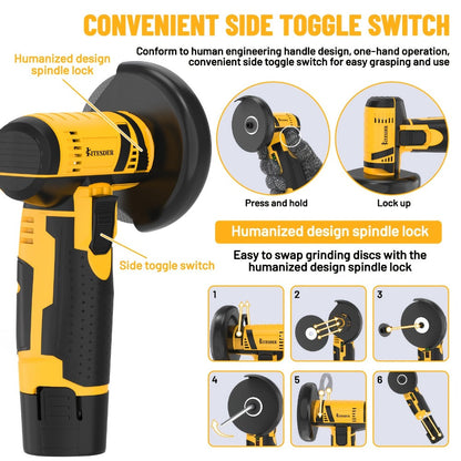 12V Cordless Angle Grinder - 19500 RPM Electric Sander & Polisher for Metal, Wood & Home, Multi-Function Grinding Tool
