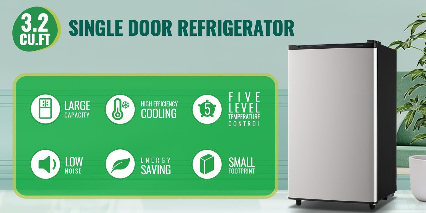 Compact Refrigerator, 3.2 Cu Ft Single Door Mini Fridge with 4-Layer Storage, Removable Shelves, Crisper Drawer & Adjustable Temperature
