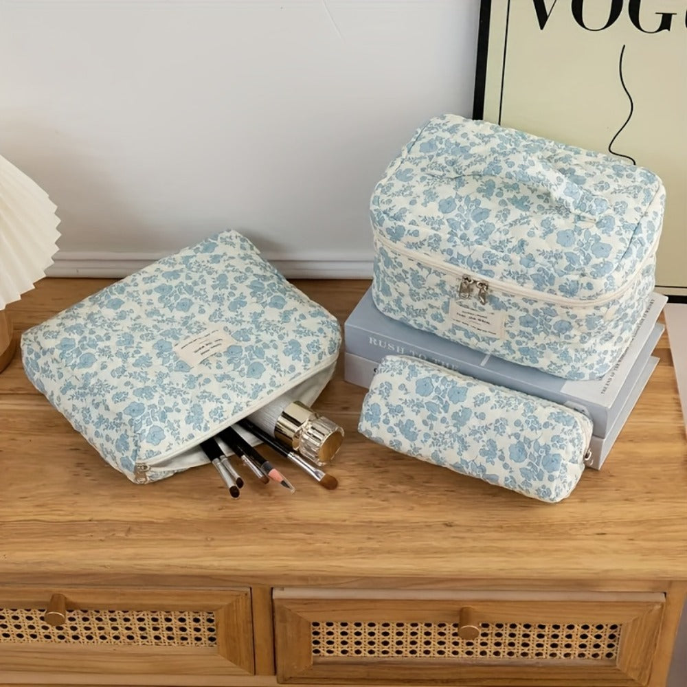 Quilted Makeup Bag Set 3 Pcs Floral Pattern Large Capacity Travel Cosmetic Organizer with Gold Zipper – Polyester Skincare Toiletry Pouch