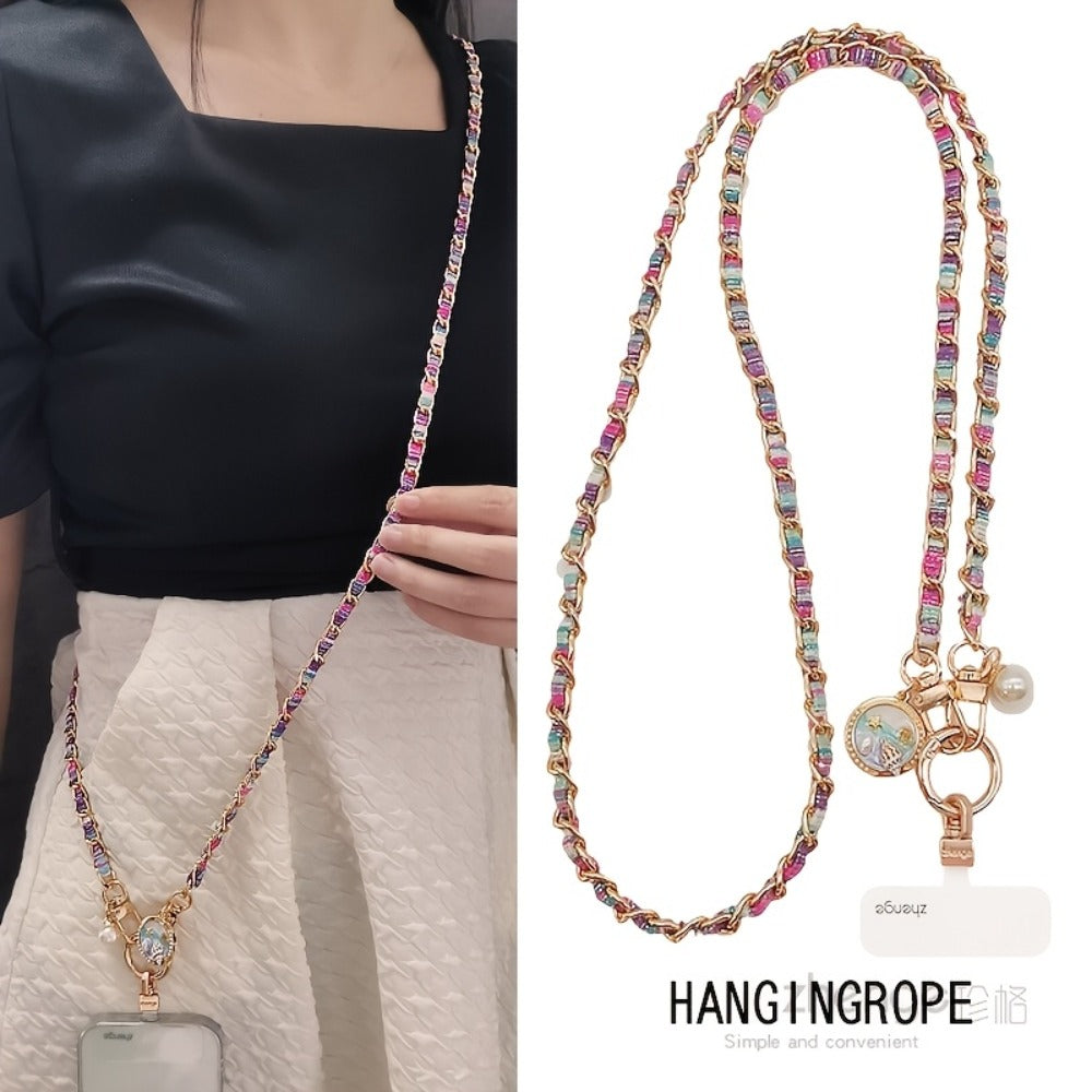 Metal Chain Phone Crossbody Strap Painted Fabric Long Lanyard Fashionable Disc Button Shoulder Phone Strap