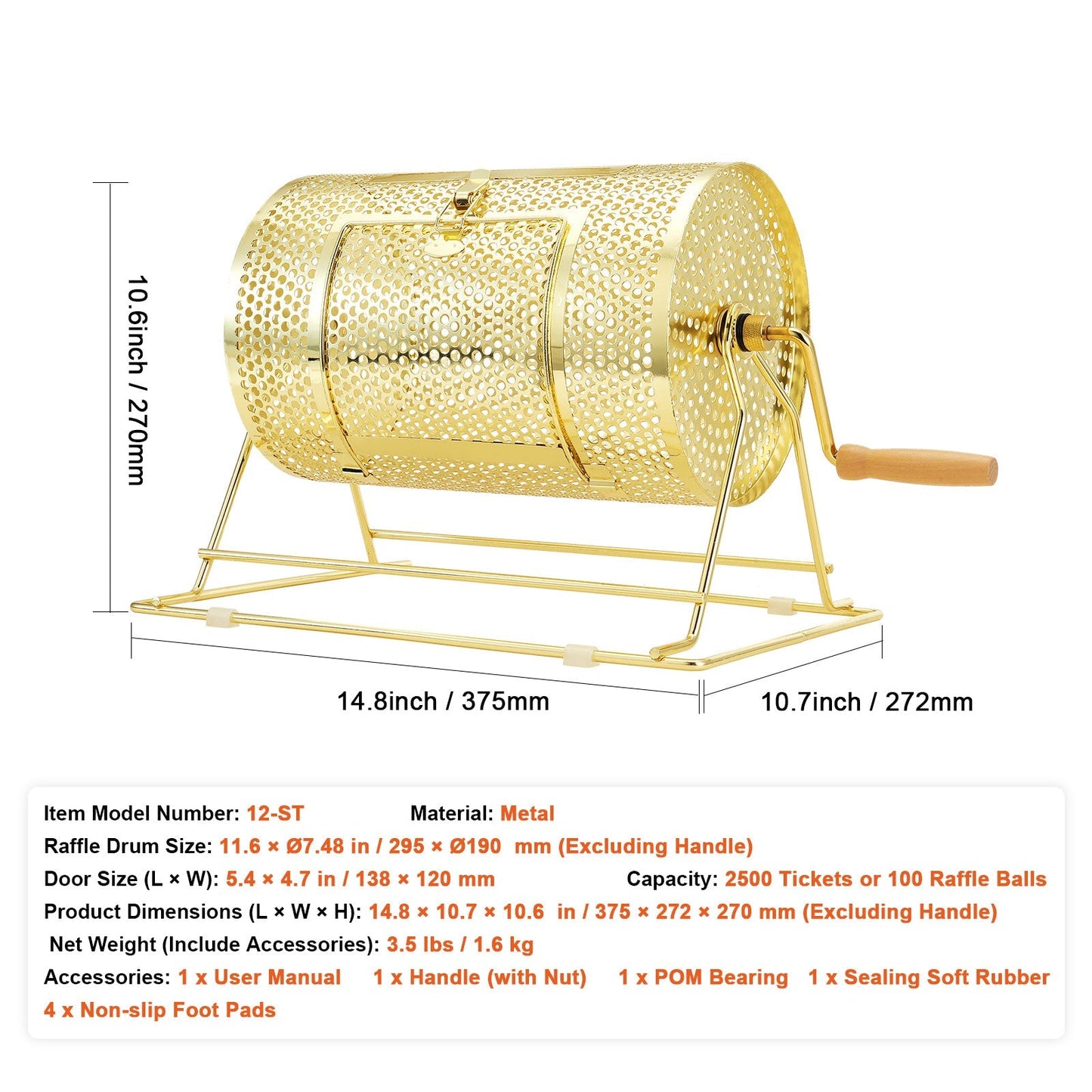 Raffle Drum Spinning Cage 12 Inch – Brass Plated Metal Lottery Ticket Drum with Wooden Handle, Holds 2500 Tickets or 100 Ping Pong Balls