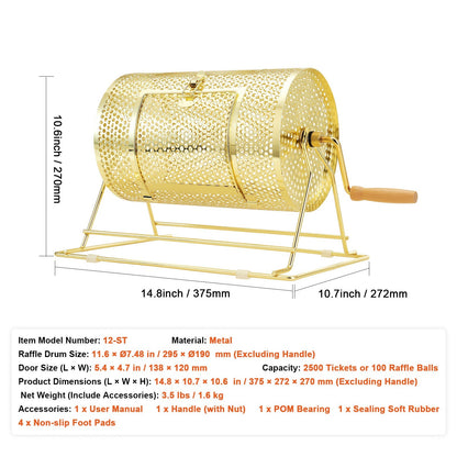Raffle Drum Spinning Cage 12 Inch – Brass Plated Metal Lottery Ticket Drum with Wooden Handle, Holds 2500 Tickets or 100 Ping Pong Balls