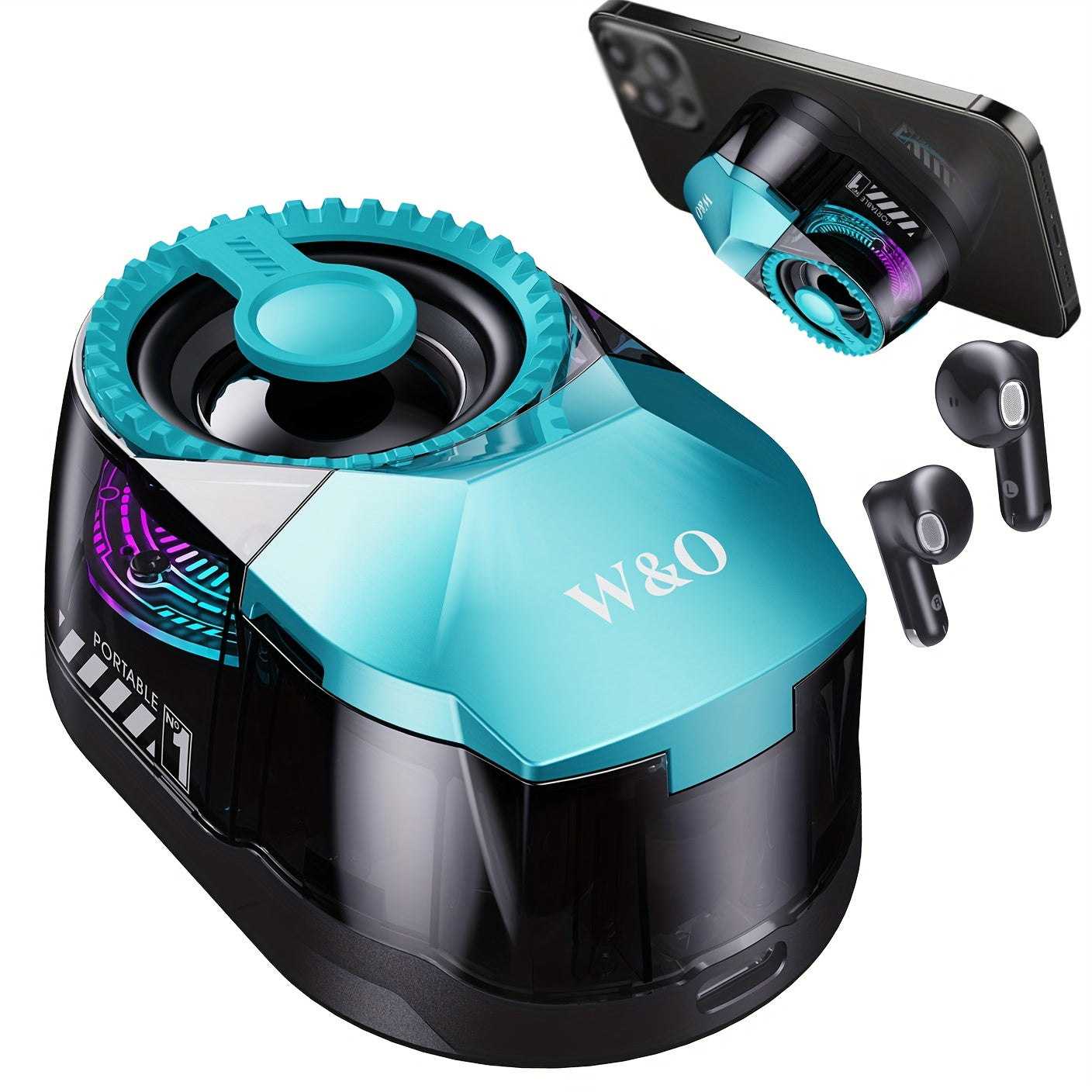 5-in-1 Wireless Bluetooth Speaker with Phone Holder & Earbuds, HD Stereo Sound, Colorful Ambient RGB Light