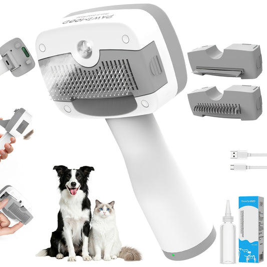 Pet Steam Brush 5-in-1 Self-Cleaning Anti-Static USB Powered – Stainless Steel Bristles Built-in Tank for Cats Dogs Shedding Massage