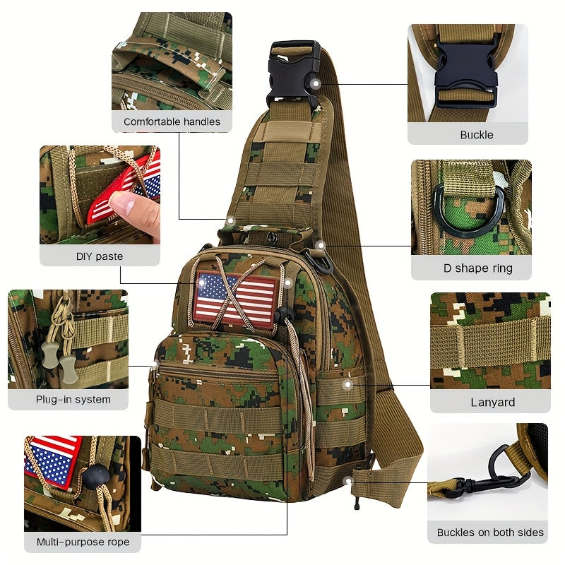 Compact Tactical Sling Backpack with Flag-Patch and Camo Options across Six Complete Checkout Styles