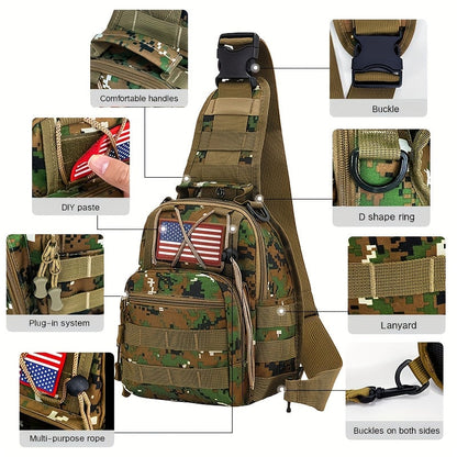 Compact Tactical Sling Backpack with Flag-Patch and Camo Options across Six Complete Checkout Styles