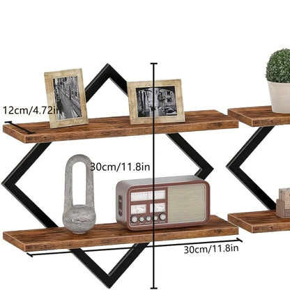 Floating Wall Shelves Double Layer Geometric Diamond Metal Wire Wood Display Stand Industrial Style for Living Room Kitchen 2 4 Pack
