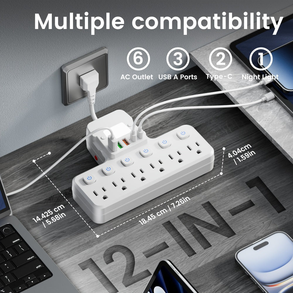 Desktop Power Strip 11-in-1 with 6 AC Outlets 3 USB-A 2 USB-C Ports 6 Individual Switches for an Everyday Personal Care Routine