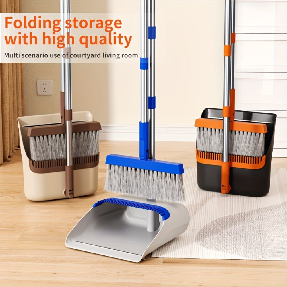 Folding Broom and Dustpan Set with Sectioned Handle, Rotating Head and Nine Blue, Orange or Khaki Checkout Options