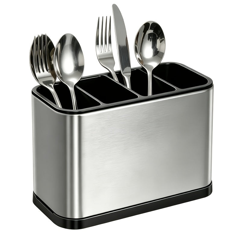 Utensil Holder Stainless Steel Cutlery Organizer 4-Compartment Countertop Caddy Anti-Slip for Home Cooking, Dining and Outdoor Meals