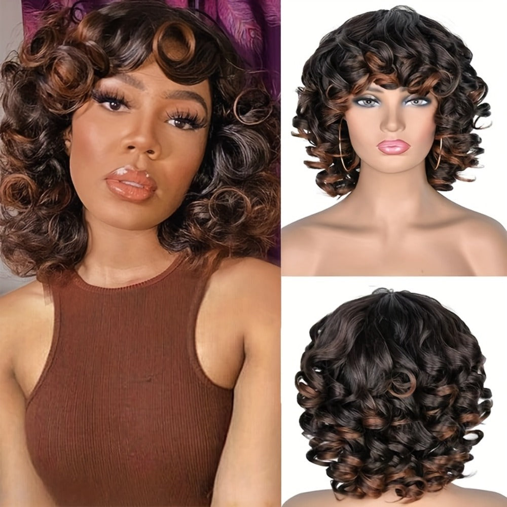 Synthetic Wig 14-Inch Kinky Curly Afro with Bangs in Black, Black-Brown or Golden 33/27 for Daily Style