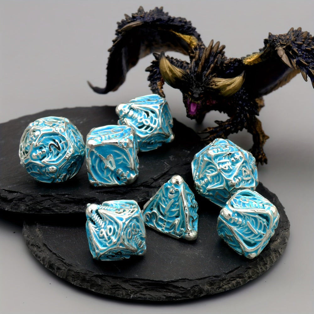 Metal Skull Dice Set 7pcs Glow in the Dark, Hollow UV Fluorescent Polyhedral DnD RPG Dice for Dungeon Masters