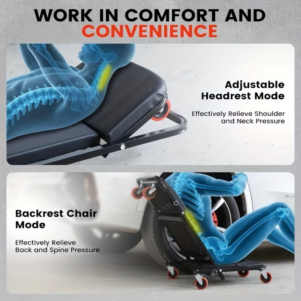 Rolling Mechanic Creeper Stool 300 lb – Foldable Z-Shape 3-in-1 Crawler Seat & Sliding Work Stool with 6 Swivel Casters