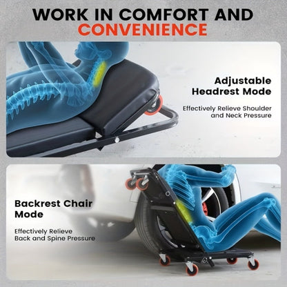 Rolling Mechanic Creeper Stool 300 lb – Foldable Z-Shape 3-in-1 Crawler Seat & Sliding Work Stool with 6 Swivel Casters