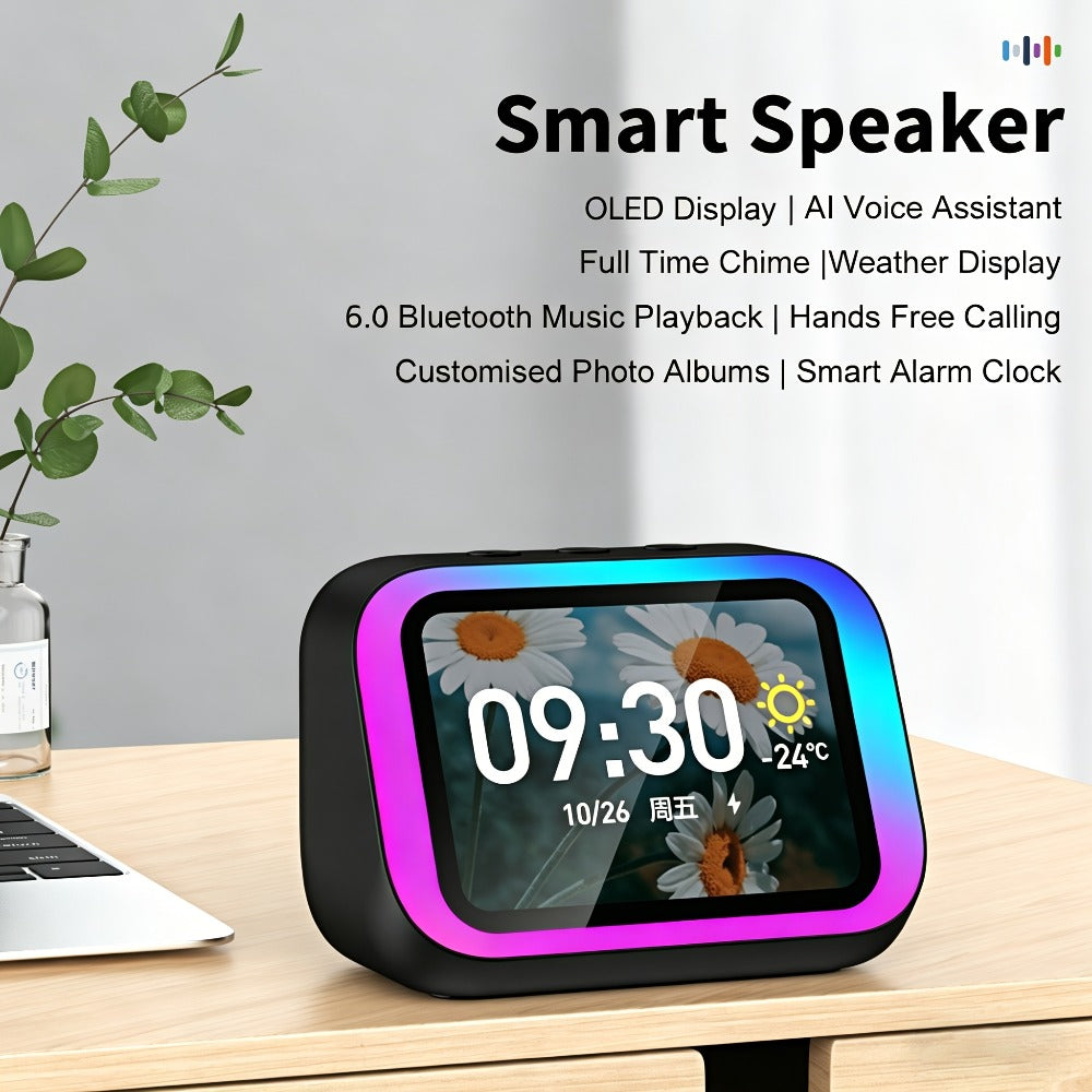 Smart Alarm Clock with AI Voice Assistant & Wireless Speaker - Dynamic RGB Light, Hi-Fi Stereo Sound