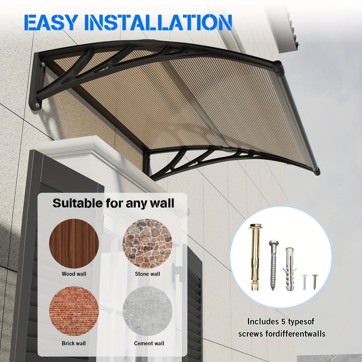Door Awning Polycarbonate Window Canopy UPF50+ UV Rain Protection for Garden, Patio and Yard Use