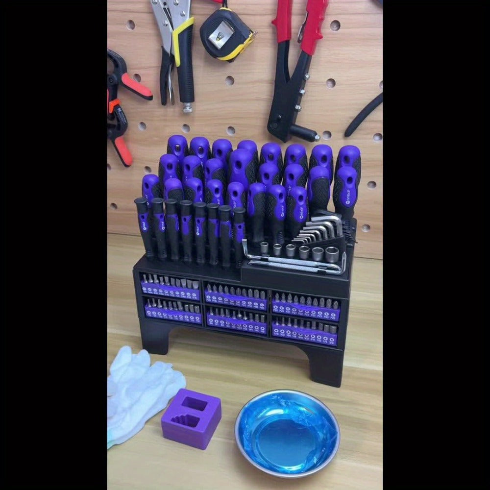 Purple 118-Piece Screwdriver Rack Set with Hand Drivers, Bit Rows, Hex Keys and Magnetic Parts Bowl