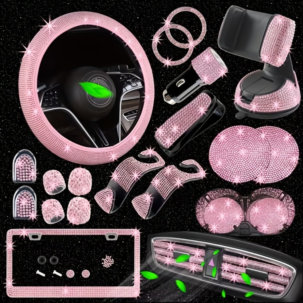 27pcs Bling Car Accessories Set for Women – Steering Wheel Cover 15", Car Coasters, License Plate Frame & Phone Holder