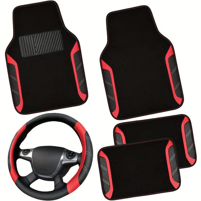 Steering Wheel Cover & Waterproof Car Floor Mats Combo Set – Microfiber Anti-Slip Universal Fit 14.5-15 Inch for 95% Sedan SUV Cars
