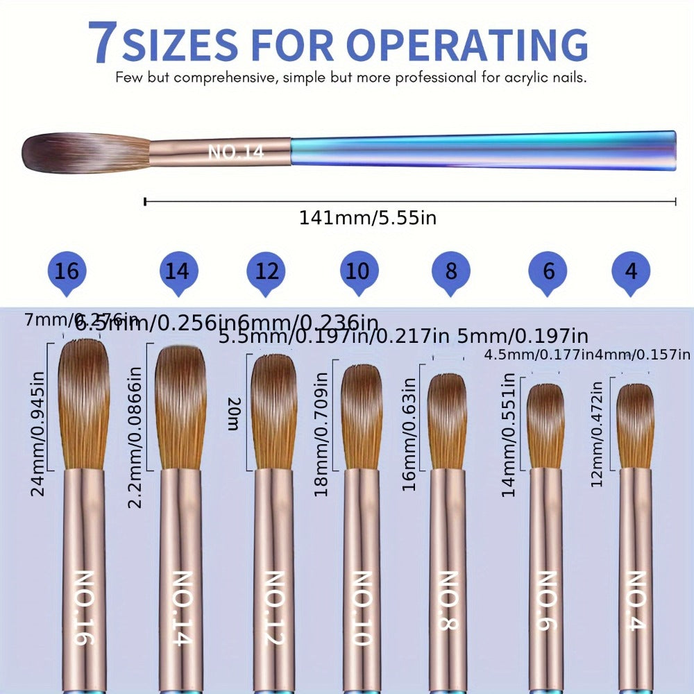 Nail Art Brush Set 7Pcs Aurora Blue Handle – Professional Acrylic Gel UV Nail Painting Brushes for Sculpting Dotting Liner Drawing