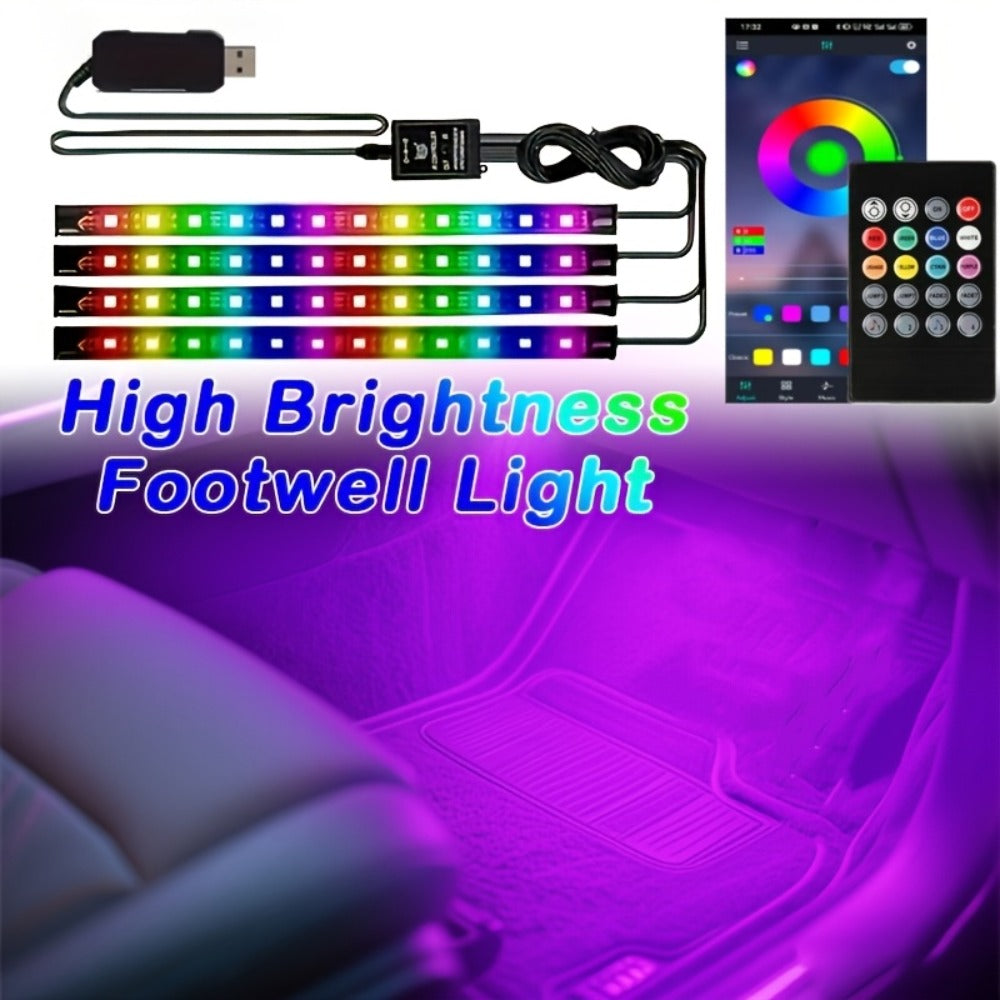 Four-Piece 5V USB RGB Car Footwell LED Light Kit for Under-Seat and Interior Accent Installation