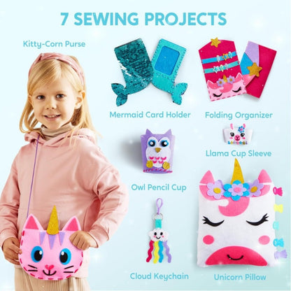Kids Sewing Kit for Beginners 7 Felt Craft Projects, Pre-Punched Holes Safe Needles Mini Pillow Keychain Card Holder Cup Sleeve