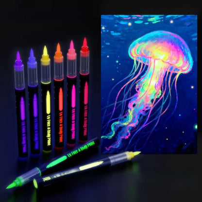 Neon Body Face Paint Pens Set of 8 – Glow-in-the-Dark UV Reactive Markers for Temporary Tattoos, Party Makeup, Mardi Gras, Music Festivals