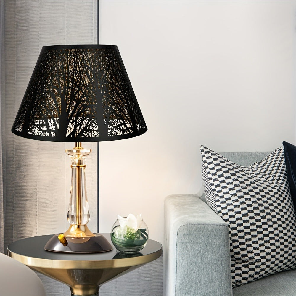 Metal Lampshade Etched Forest & Leaf Design | Black Exterior Gold Interior | Barrel Lamp Shade for Table Lamp & Floor Lamp |