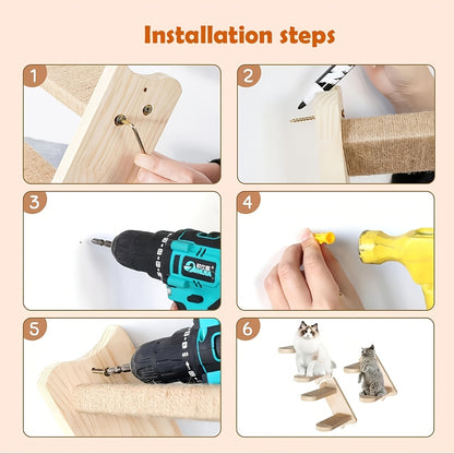 Cat Wall Furniture, Wall-Mounted Cat Climbing Frame Solid Wood Cat Stairs Ladder Perch Jumping Platform All Season Indoor Cat Wall Furniture