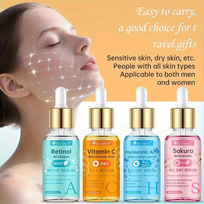 Face Serum Set 4-Piece Day & Night with Vitamin C Retinol Hyaluronic Acid Ceramide - Deep for Bath Time, Home Spa and Personal Care