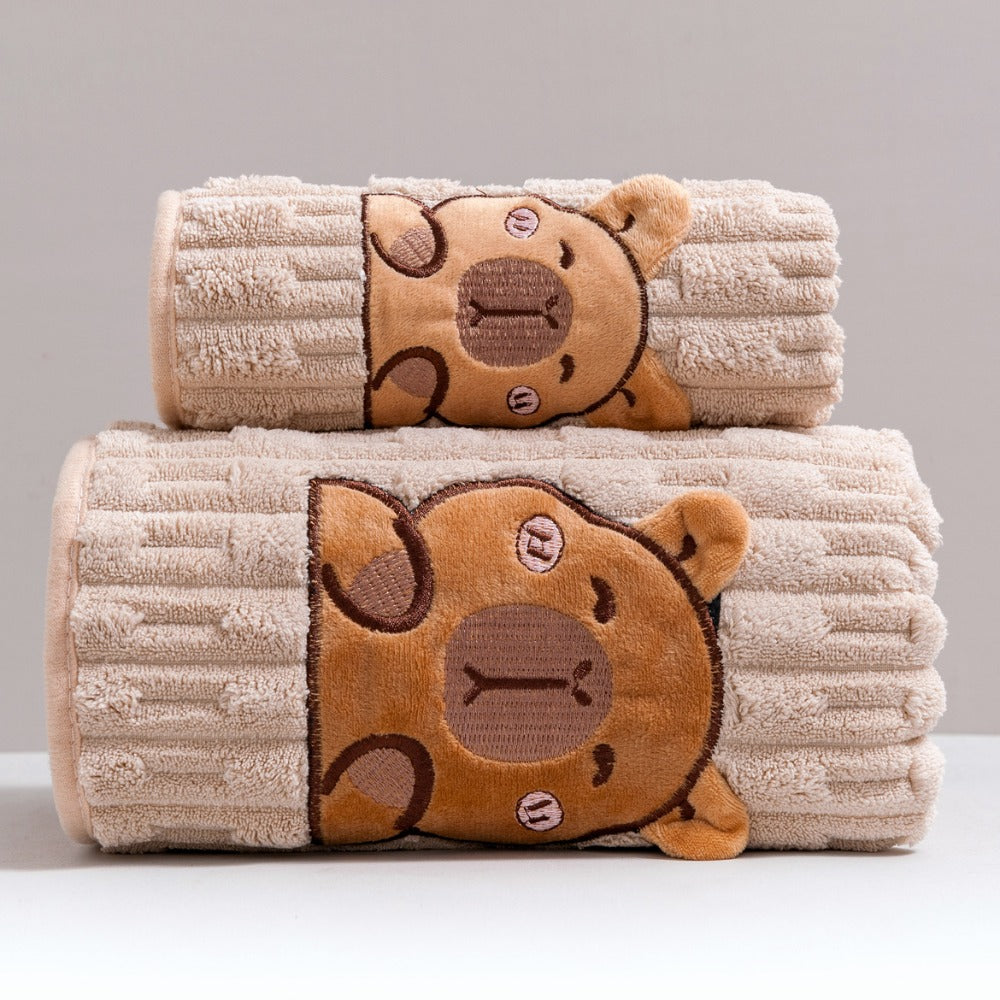 Towel Set 2 Piece Capybara Coral Fleece Face Towel and Bath Sheet in Four Printed Styles for Home and Guest Use