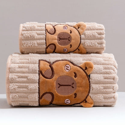 Towel Set 2 Piece Capybara Coral Fleece Face Towel and Bath Sheet in Four Printed Styles for Home and Guest Use