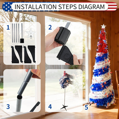 4th of July Patriotic Decoration Tree 5ft, Foldable LED Light String with Red White Blue Stars & Stripes