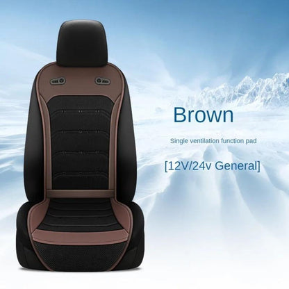 Powered Car Seat Cushion with Dual Fans, 24-Vent Center, 12V/24V Marking and Brown, Blue or Black Options