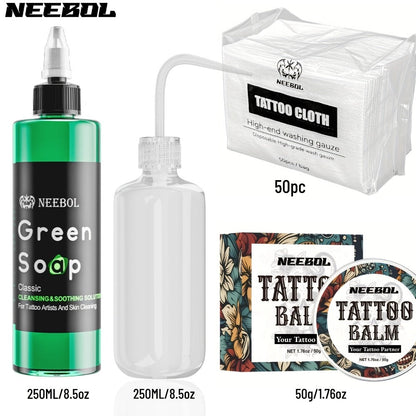 Tattoo Green Soap Cleaning Kit Neebol 8.5oz Concentrated Soap Squeeze Bottle Moisturizing Balm Cream Lint-Free Wipes Complete Skin Care Set