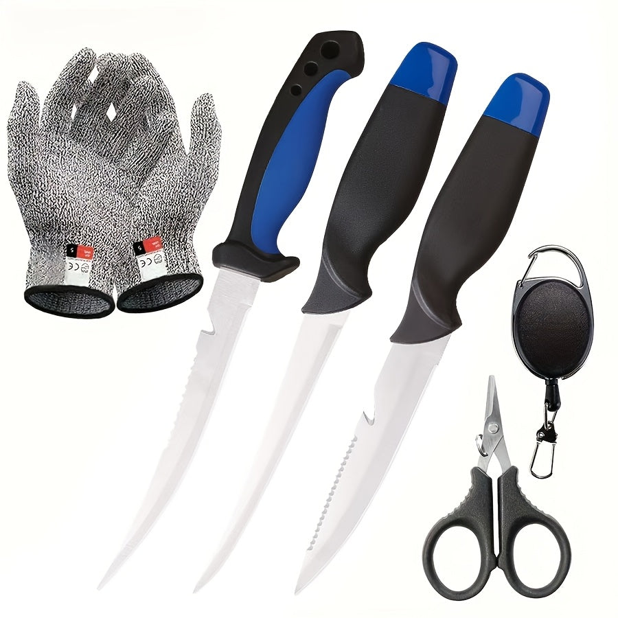 Fishing Knife Set 3-Piece Stainless Steel Fillet Boning Knife with Cut Resistant Gloves Fishing Line Cutter Stretch Rope for Fishing Camping