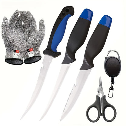 Fishing Knife Set 3-Piece Stainless Steel Fillet Boning Knife with Cut Resistant Gloves Fishing Line Cutter Stretch Rope for Fishing Camping