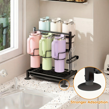 Cup Holder Rack 6-Grid Cast Iron Water Bottle Organizer for Kitchen Cabinet | Adjustable Height Drinkware Storage Rack Holds 40oz Cups Mugs