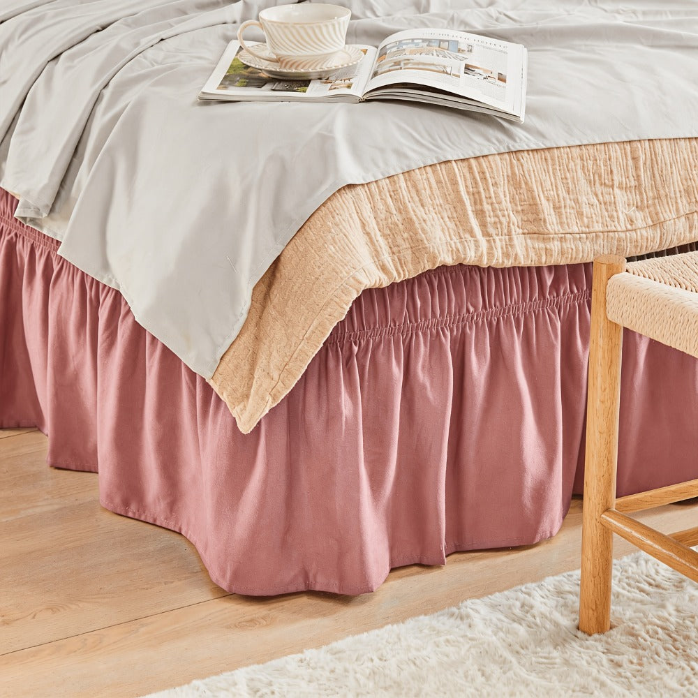 Bed Skirt Elastic Wrap Around Ruffle – 15 Inch Drop Microfiber Dust Ruffle, Adjustable No-Lift Fit, Fade Resistant Machine Washable