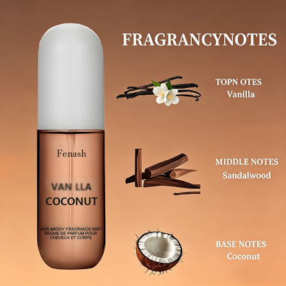 Vanilla Coconut Body Spray & Hair Mist – Long-Lasting Gourmand Floral Fragrance with Vitamin E & Moroccan Argan Oil, Skin-Safe for All Types