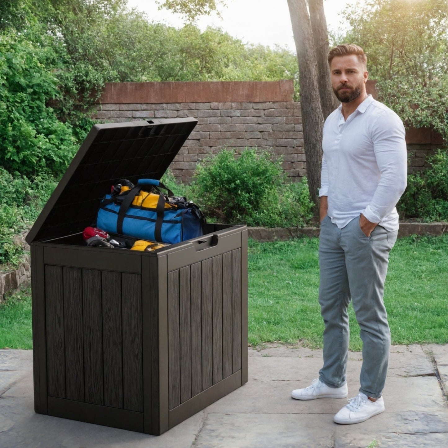 Outdoor Resin-Style Deck Box in 35- or 45-Gallon Sizes with Lockable Lid, Side Handles and Two Colors